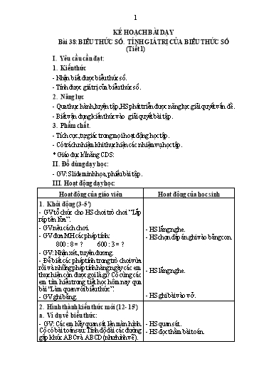 Kế hoạch bài dạy Toán 3 - Tuần 15, Bài 38: Biểu thức số. Tính giá trị của biểu thức số (Tiết 1)