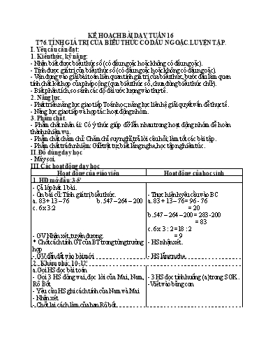 Kế hoạch bài dạy Toán 3 - Tuần 16, Tiết 76: Tính giá trị của biểu thức có dấu ngoặc. Luyện tập