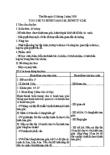 Kế hoạch bài dạy Toán 3 - Tuần 21, Tiết 102: Chu vi hình tam giác, hình tứ giác