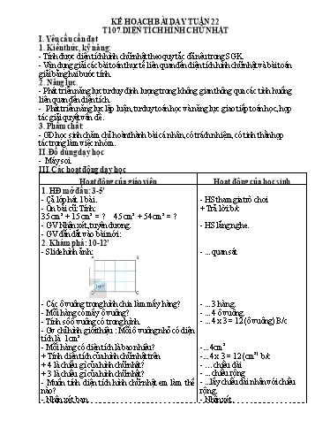 Kế hoạch bài dạy Toán 3 - Tuần 22, Tiết 107: Diện tích hình chữ nhật