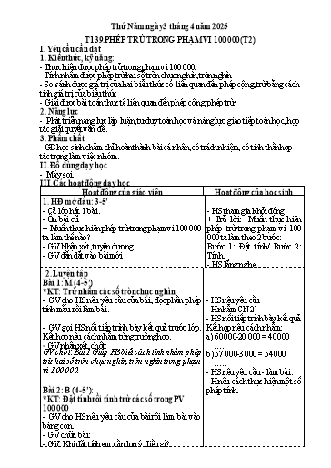 Kế hoạch bài dạy Toán 3 - Tuần 28, Tiết 139: Phép trừ trong phạm vi 100 000 (Tiết 2)