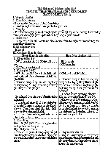 Kế hoạch bài dạy Toán 3 - Tuần 32, Bài 73: Thu thập, phân loại, ghi chép số liệu, bảng số liệu (Tiết 2)