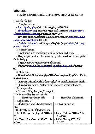 Kế hoạch bài dạy Toán 3 - Tuần 35, Tiết 169: Ôn tập phép nhân chia trong phạm vi 100 000 (Tiết 2)