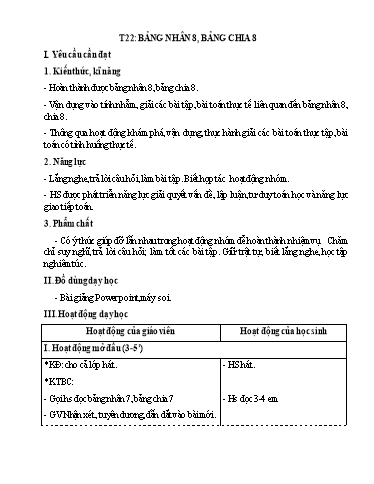Kế hoạch bài dạy Toán 3 - Tuần 5, Tiết 22: Bảng nhân 8, bảng chia 8