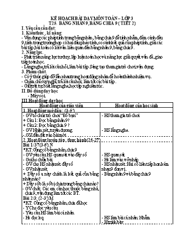 Kế hoạch bài dạy Toán 3 - Tuần 5, Tiết 25: Bảng nhân 9, bảng chia 9 (Tiết 2)