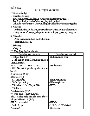 Kế hoạch bài dạy Toán 3 - Tuần 7, Tiết 31: Luyện tập chung