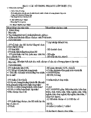 Kế hoạch bài dạy Toán 4 - Bài 12: Các số trong phạm vi lớp triệu (Tiết 1)