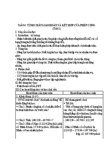 Kế hoạch bài dạy Toán 4 - Tuần 12, Tiết 55: Tính chất giao hoán và kết hợp của phép cộng (Tiết 1)