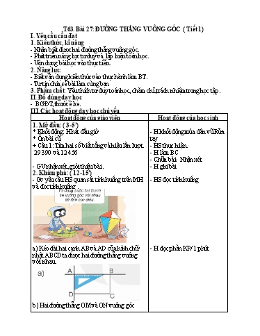 Kế hoạch bài dạy Toán 4 - Tuần 13, Tiết 63, Bài 27: Đường thẳng vuông góc (Tiết 1)