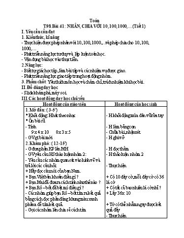 Kế hoạch bài dạy Toán 4 - Tuần 20, Bài 41: Nhân, chia với 10, 100, 1000, ... (Tiết 1)