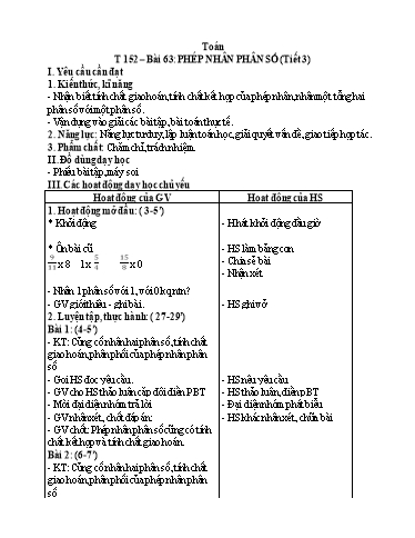 Kế hoạch bài dạy Toán 4 - Tuần 31, Bài 63: Phép nhân phân số (Tiết 3)