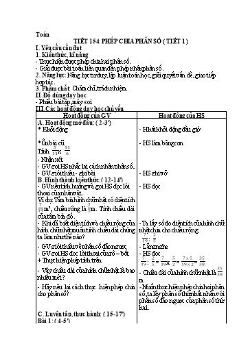 Kế hoạch bài dạy Toán 4 - Tuần 31, Tiết 154: Phép chia phân số (Tiết 1)