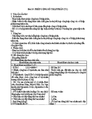 Kế hoạch bài dạy Toán 5 - Bài 19: Phép cộng số thập phân (Tiết 1)
