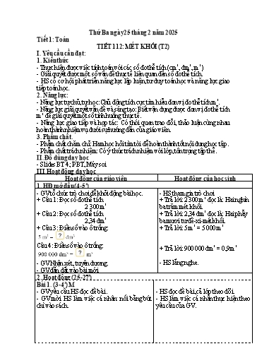 Kế hoạch bài dạy Toán 5 - Tiết 112, Bài: Mét khối (Tiết 2)