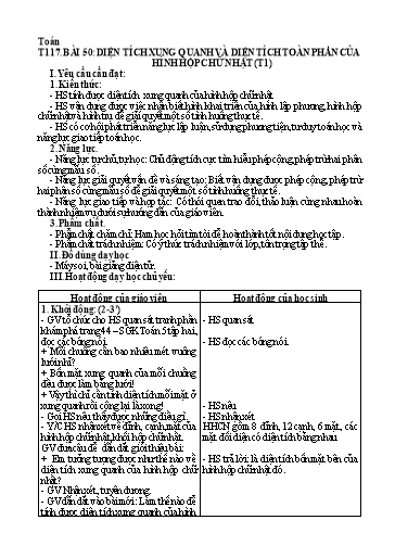 Kế hoạch bài dạy Toán 5 - Tiết 117, Bài 50: Diện tích xung quanh và diện tích toàn phần của hình hộp chữ nhật (Tiết 1)