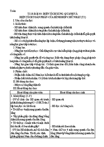 Kế hoạch bài dạy Toán 5 - Tiết 118, Bài 50: Diện tích xung quanh và diện tích toàn phần của hình hộp chữ nhật (Tiết 2)