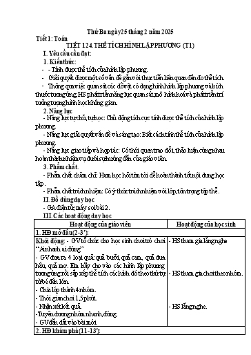 Kế hoạch bài dạy Toán 5 - Tiết 124: Thể tích hình lập phương (Tiết 1)