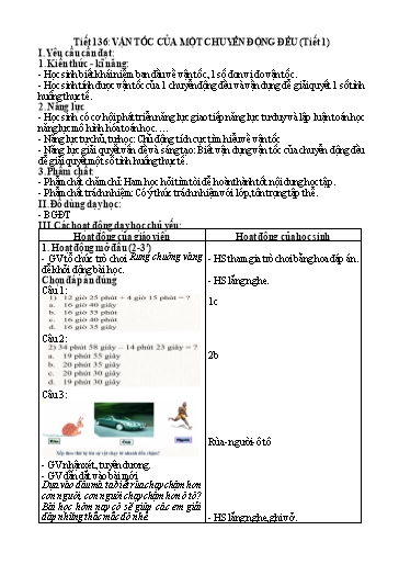 Kế hoạch bài dạy Toán 5 - Tiết 136: Vận tốc của một chuyển động đều (Tiết 1)