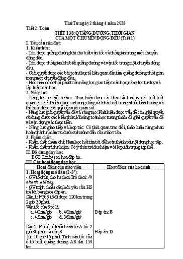 Kế hoạch bài dạy Toán 5 - Tiết 138, Bài 60: Quãng đường, thời gian của một chuyển động đều (Tiết 1)