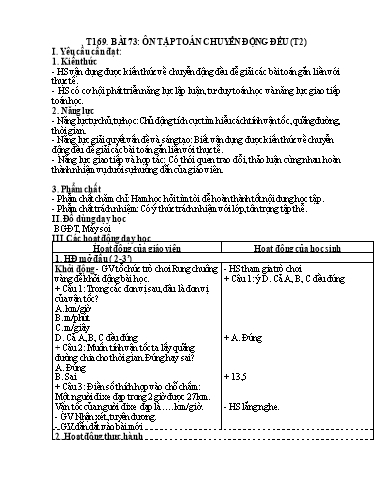 Kế hoạch bài dạy Toán 5 - Tiết 169, Bài 73: Ôn tập toán chuyển động đều (Tiết 2)