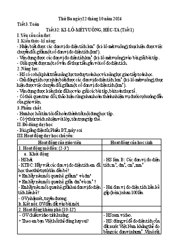 Kế hoạch bài dạy Toán 5 - Tiết 32: Ki-lô-mét vuông. Héc-ta (Tiết 1)