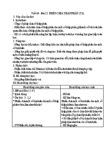 Kế hoạch bài dạy Toán 5 - Tiết 49, Bài 22: Phép chia thập phân (Tiết 4)