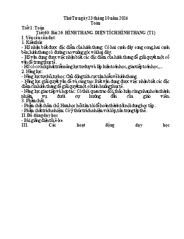 Kế hoạch bài dạy Toán 5 - Tiết 60, Bài 26: Hình thang. Diện tích hình thang (Tiết 1)