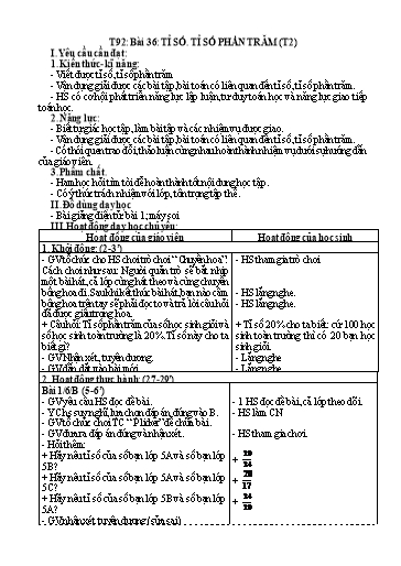 Kế hoạch bài dạy Toán 5 - Tiết 92, Bài 36: Tỉ số, Tỉ số phần trăm (Tiết 2)