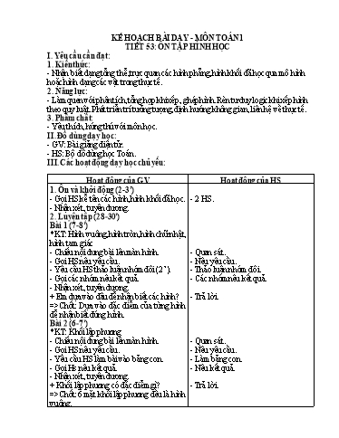 Kế hoạch bài dạy Toán Lớp 1 - Tuần 18, Tiết 53: Ôn tập hình học