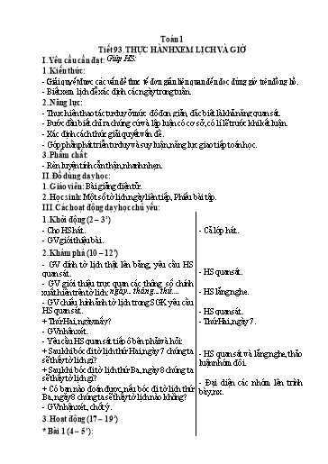 Kế hoạch bài dạy Toán Lớp 1 - Tuần 31, Tiết 93: Thực hành xem lịch và giờ