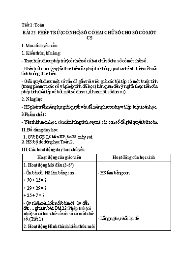 Kế hoạch bài dạy Toán Lớp 2 - Bài 22: Phép trừ (có nhớ) số có hai chữ số cho số có một chữ số