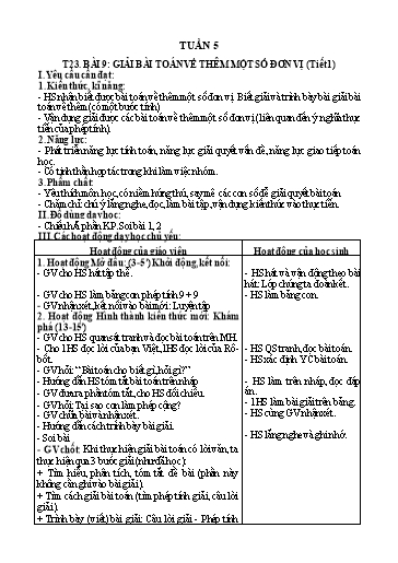 Kế hoạch bài dạy Toán Lớp 2 - Tuần 5, Tiết 23, Bài 9: Giải bài toán về thêm một số đơn vị (Tiết 1)