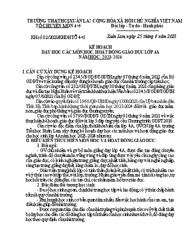 Kế hoạch dạy học các môn học, hoạt động giáo dục Lớp 4A Năm học 2023-2024