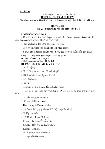 Kế hoạch giáo dục Lớp 2A - Tuần 13 Năm học 2024-2025