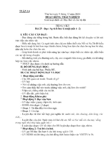 Kế hoạch giáo dục Lớp 2A - Tuần 14 Năm học 2024-2025