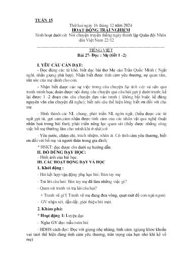 Kế hoạch giáo dục Lớp 2A - Tuần 15 Năm học 2024-2025