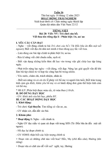 Kế hoạch giáo dục Lớp 2A - Tuần 16 Năm học 2023-2024