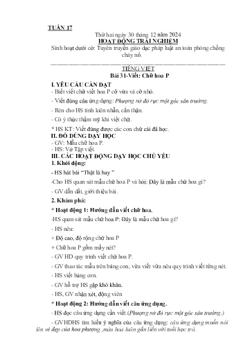 Kế hoạch giáo dục Lớp 2A - Tuần 17 Năm học 2024-2025