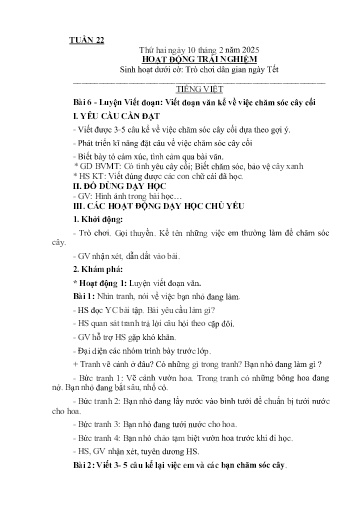Kế hoạch giáo dục Lớp 2A - Tuần 22 Năm học 2024-2025
