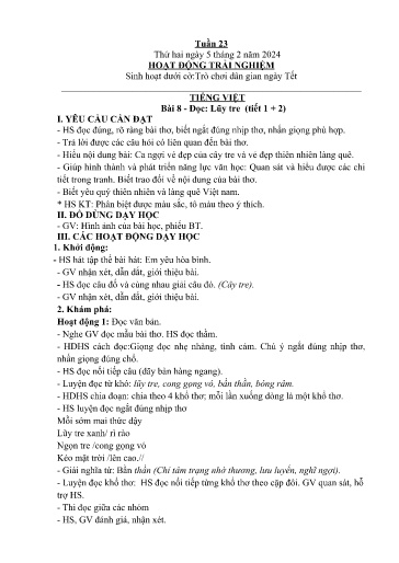 Kế hoạch giáo dục Lớp 2A - Tuần 23 Năm học 2023-2024