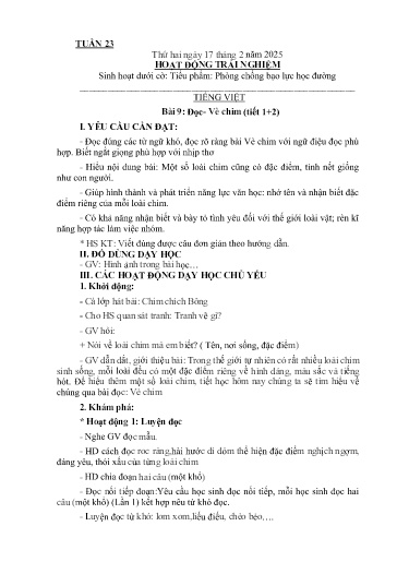 Kế hoạch giáo dục Lớp 2A - Tuần 23 Năm học 2024-2025