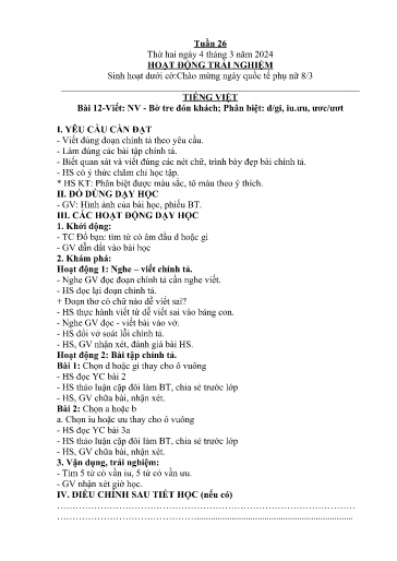 Kế hoạch giáo dục Lớp 2A - Tuần 26 Năm học 2023-2024