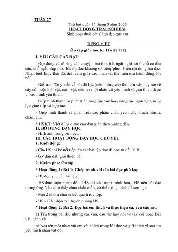 Kế hoạch giáo dục Lớp 2A - Tuần 27 Năm học 2024-2025