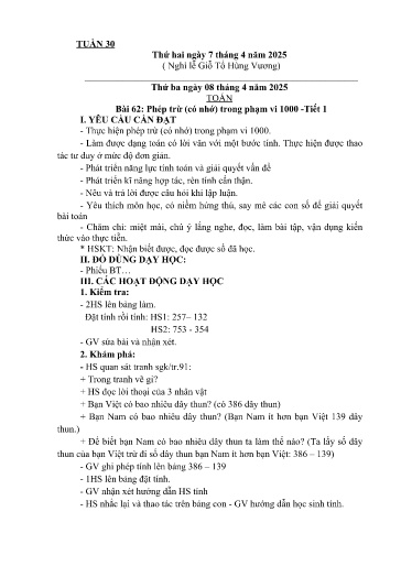 Kế hoạch giáo dục Lớp 2A - Tuần 30 Năm học 2024-2025
