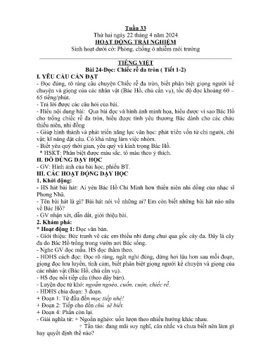 Kế hoạch giáo dục Lớp 2A - Tuần 33 Năm học 2023-2024