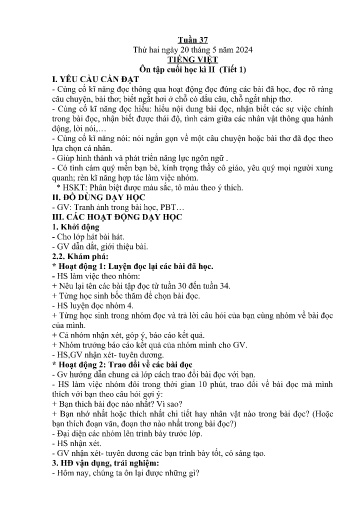 Kế hoạch giáo dục Lớp 2A - Tuần 37 Năm học 2023-2024