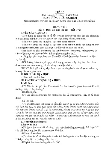 Kế hoạch giáo dục Lớp 2A - Tuần 5 Năm học 2024-2025