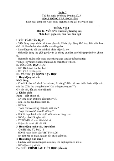 Kế hoạch giáo dục Lớp 2A - Tuần 7 Năm học 2023-2024