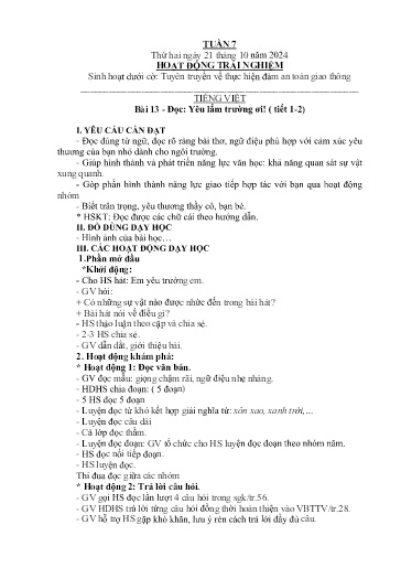 Kế hoạch giáo dục Lớp 2A - Tuần 7 Năm học 2024-2025