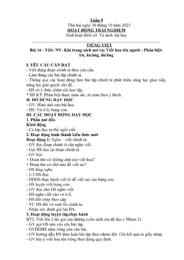 Kế hoạch giáo dục Lớp 2A - Tuần 9 Năm học 2023-2024
